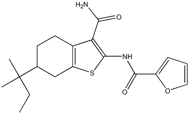 N-[3-carbamoyl-6-(2-methylbutan-2-yl)-4,5,6,7-tetrahydro-1-benzothiophen-2-yl]furan-2-carboxamide Struktur