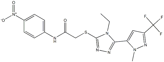 2-[[4-ethyl-5-[2-methyl-5-(trifluoromethyl)pyrazol-3-yl]-1,2,4-triazol-3-yl]sulfanyl]-N-(4-nitrophenyl)acetamide Struktur