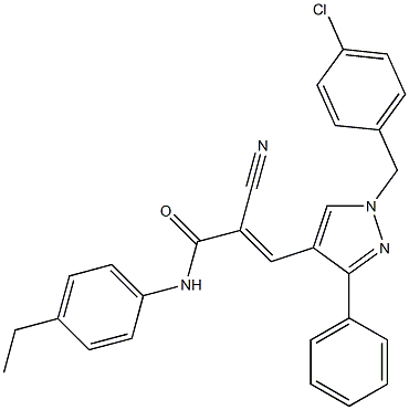 (E)-3-[1-[(4-chlorophenyl)methyl]-3-phenylpyrazol-4-yl]-2-cyano-N-(4-ethylphenyl)prop-2-enamide Struktur