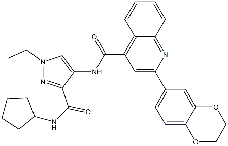 N-[3-(cyclopentylcarbamoyl)-1-ethylpyrazol-4-yl]-2-(2,3-dihydro-1,4-benzodioxin-6-yl)quinoline-4-carboxamide Struktur