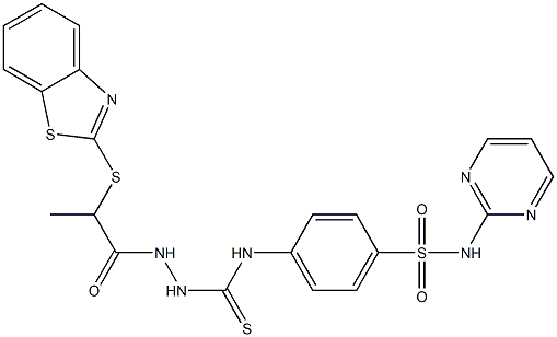 1-[2-(1,3-benzothiazol-2-ylsulfanyl)propanoylamino]-3-[4-(pyrimidin-2-ylsulfamoyl)phenyl]thiourea Struktur