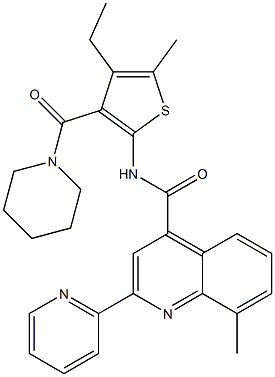 N-[4-ethyl-5-methyl-3-(piperidine-1-carbonyl)thiophen-2-yl]-8-methyl-2-pyridin-2-ylquinoline-4-carboxamide Struktur