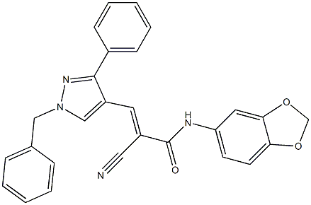 (E)-N-(1,3-benzodioxol-5-yl)-3-(1-benzyl-3-phenylpyrazol-4-yl)-2-cyanoprop-2-enamide Struktur