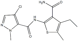 N-(3-carbamoyl-4-ethyl-5-methylthiophen-2-yl)-4-chloro-2-methylpyrazole-3-carboxamide Struktur