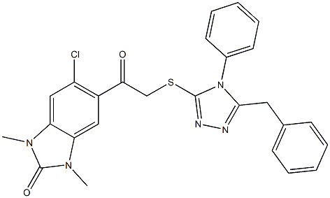 5-[2-[(5-benzyl-4-phenyl-1,2,4-triazol-3-yl)sulfanyl]acetyl]-6-chloro-1,3-dimethylbenzimidazol-2-one Struktur