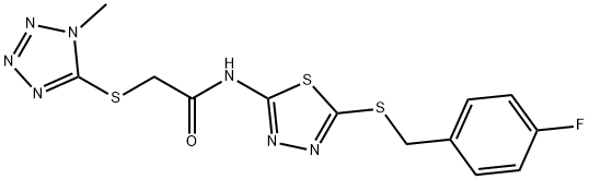 N-[5-[(4-fluorophenyl)methylsulfanyl]-1,3,4-thiadiazol-2-yl]-2-(1-methyltetrazol-5-yl)sulfanylacetamide Struktur