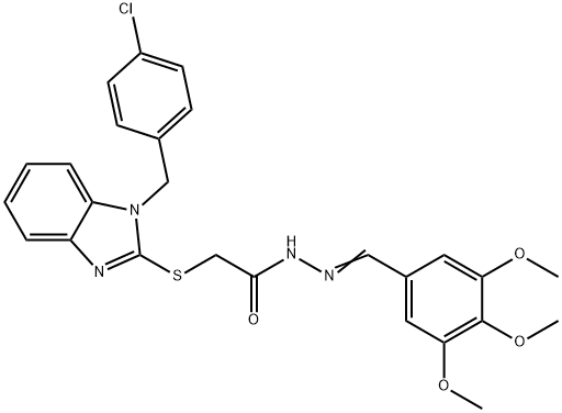 2-[1-[(4-chlorophenyl)methyl]benzimidazol-2-yl]sulfanyl-N-[(E)-(3,4,5-trimethoxyphenyl)methylideneamino]acetamide Struktur