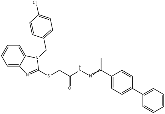 2-[1-[(4-chlorophenyl)methyl]benzimidazol-2-yl]sulfanyl-N-[(E)-1-(4-phenylphenyl)ethylideneamino]acetamide Struktur