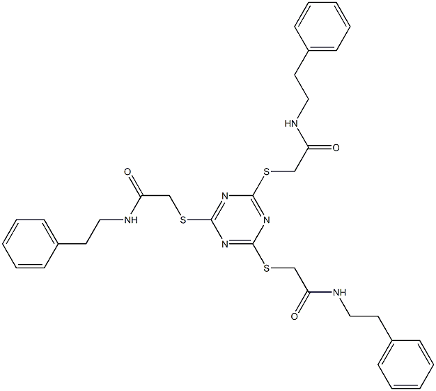 2-[[4,6-bis[[2-oxo-2-(2-phenylethylamino)ethyl]sulfanyl]-1,3,5-triazin-2-yl]sulfanyl]-N-(2-phenylethyl)acetamide Struktur