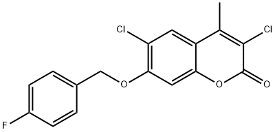 3,6-dichloro-7-[(4-fluorophenyl)methoxy]-4-methylchromen-2-one Struktur