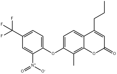 8-methyl-7-[2-nitro-4-(trifluoromethyl)phenoxy]-4-propylchromen-2-one Struktur