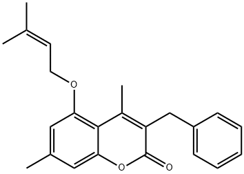 3-benzyl-4,7-dimethyl-5-(3-methylbut-2-enoxy)chromen-2-one Struktur