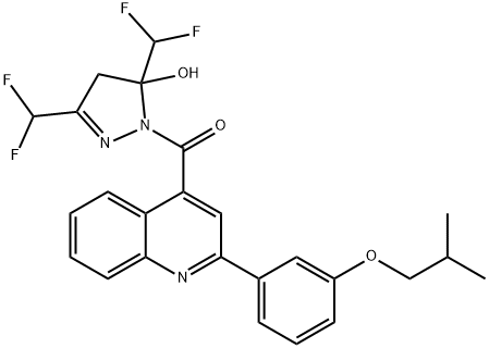 [3,5-bis(difluoromethyl)-5-hydroxy-4H-pyrazol-1-yl]-[2-[3-(2-methylpropoxy)phenyl]quinolin-4-yl]methanone Struktur