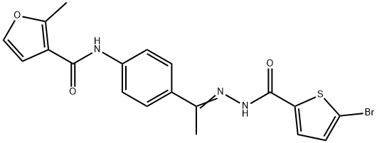 N-[4-[(E)-N-[(5-bromothiophene-2-carbonyl)amino]-C-methylcarbonimidoyl]phenyl]-2-methylfuran-3-carboxamide Struktur