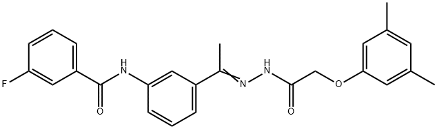 N-[3-[(E)-N-[[2-(3,5-dimethylphenoxy)acetyl]amino]-C-methylcarbonimidoyl]phenyl]-3-fluorobenzamide Struktur