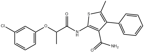 2-[2-(3-chlorophenoxy)propanoylamino]-5-methyl-4-phenylthiophene-3-carboxamide Struktur