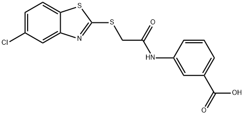 3-[[2-[(5-chloro-1,3-benzothiazol-2-yl)sulfanyl]acetyl]amino]benzoic acid Struktur