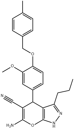 6-amino-4-[3-methoxy-4-[(4-methylphenyl)methoxy]phenyl]-3-propyl-2,4-dihydropyrano[2,3-c]pyrazole-5-carbonitrile Struktur