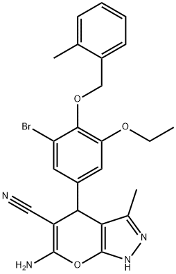 6-amino-4-[3-bromo-5-ethoxy-4-[(2-methylphenyl)methoxy]phenyl]-3-methyl-2,4-dihydropyrano[2,3-c]pyrazole-5-carbonitrile Struktur