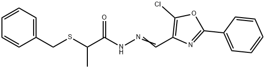 2-benzylsulfanyl-N-[(E)-(5-chloro-2-phenyl-1,3-oxazol-4-yl)methylideneamino]propanamide Struktur