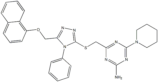 4-[[5-(naphthalen-1-yloxymethyl)-4-phenyl-1,2,4-triazol-3-yl]sulfanylmethyl]-6-piperidin-1-yl-1,3,5-triazin-2-amine Struktur