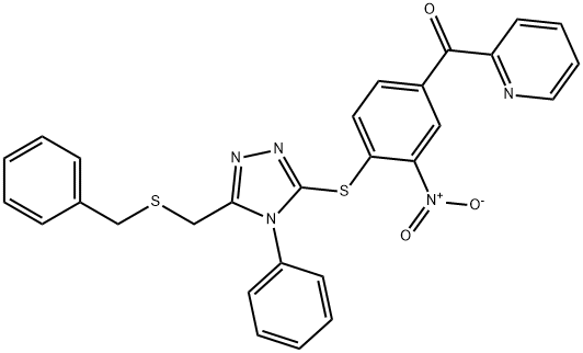 [4-[[5-(benzylsulfanylmethyl)-4-phenyl-1,2,4-triazol-3-yl]sulfanyl]-3-nitrophenyl]-pyridin-2-ylmethanone Struktur