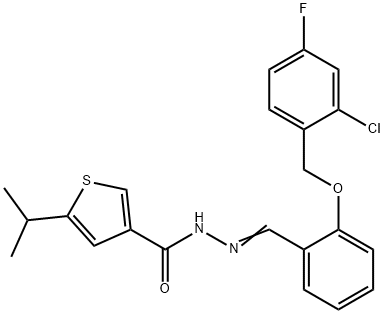 N-[(E)-[2-[(2-chloro-4-fluorophenyl)methoxy]phenyl]methylideneamino]-5-propan-2-ylthiophene-3-carboxamide Struktur