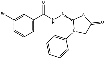 3-bromo-N-[(Z)-(5-oxo-3-phenyl-1,3-thiazolidin-2-ylidene)amino]benzamide Struktur