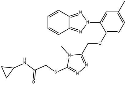 2-[[5-[[2-(benzotriazol-2-yl)-4-methylphenoxy]methyl]-4-methyl-1,2,4-triazol-3-yl]sulfanyl]-N-cyclopropylacetamide Struktur