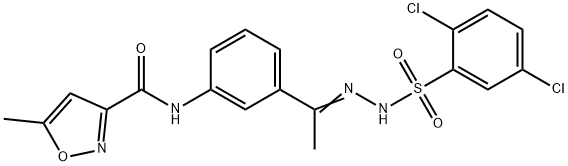 N-[3-[(E)-N-[(2,5-dichlorophenyl)sulfonylamino]-C-methylcarbonimidoyl]phenyl]-5-methyl-1,2-oxazole-3-carboxamide Struktur