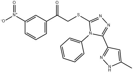 2-[[5-(5-methyl-1H-pyrazol-3-yl)-4-phenyl-1,2,4-triazol-3-yl]sulfanyl]-1-(3-nitrophenyl)ethanone Struktur