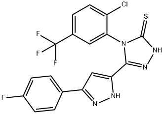 4-[2-chloro-5-(trifluoromethyl)phenyl]-3-[3-(4-fluorophenyl)-1H-pyrazol-5-yl]-1H-1,2,4-triazole-5-thione Struktur