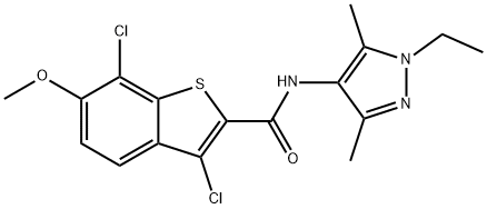 3,7-dichloro-N-(1-ethyl-3,5-dimethylpyrazol-4-yl)-6-methoxy-1-benzothiophene-2-carboxamide Struktur