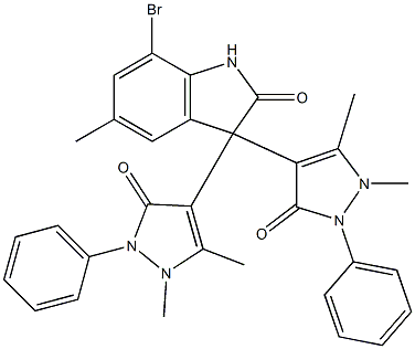 7-bromo-3,3-bis(1,5-dimethyl-3-oxo-2-phenylpyrazol-4-yl)-5-methyl-1H-indol-2-one Struktur