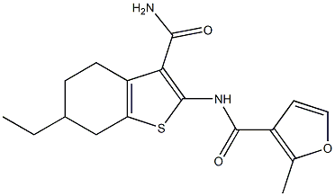 N-(3-carbamoyl-6-ethyl-4,5,6,7-tetrahydro-1-benzothiophen-2-yl)-2-methylfuran-3-carboxamide Struktur