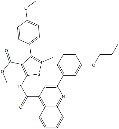 methyl 4-(4-methoxyphenyl)-5-methyl-2-[[2-(3-propoxyphenyl)quinoline-4-carbonyl]amino]thiophene-3-carboxylate Struktur