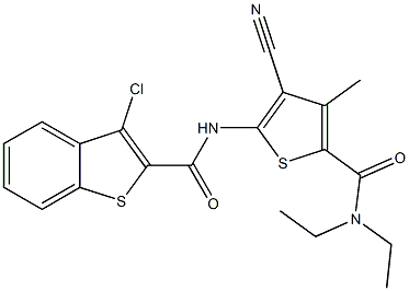 3-chloro-N-[3-cyano-5-(diethylcarbamoyl)-4-methylthiophen-2-yl]-1-benzothiophene-2-carboxamide Struktur