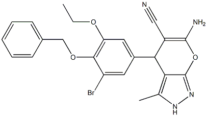 6-amino-4-(3-bromo-5-ethoxy-4-phenylmethoxyphenyl)-3-methyl-2,4-dihydropyrano[2,3-c]pyrazole-5-carbonitrile Structure