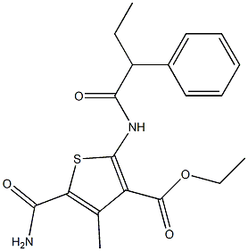 ethyl 5-carbamoyl-4-methyl-2-(2-phenylbutanoylamino)thiophene-3-carboxylate Struktur