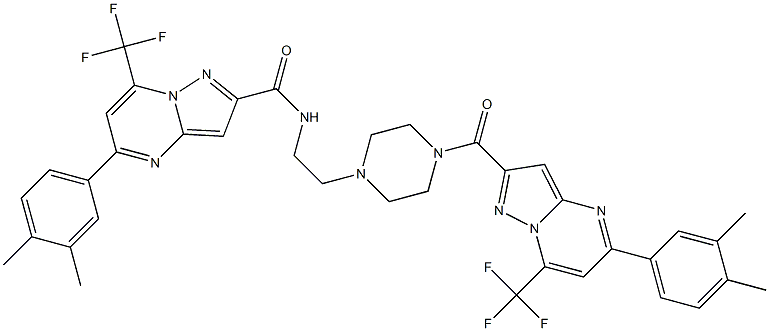 5-(3,4-dimethylphenyl)-N-[2-[4-[5-(3,4-dimethylphenyl)-7-(trifluoromethyl)pyrazolo[1,5-a]pyrimidine-2-carbonyl]piperazin-1-yl]ethyl]-7-(trifluoromethyl)pyrazolo[1,5-a]pyrimidine-2-carboxamide Struktur