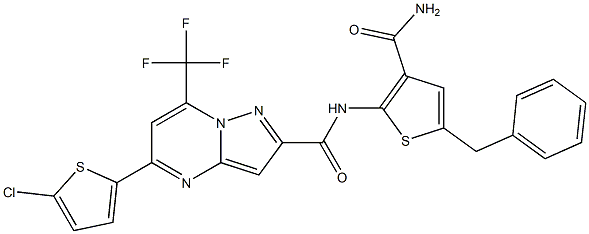 N-(5-benzyl-3-carbamoylthiophen-2-yl)-5-(5-chlorothiophen-2-yl)-7-(trifluoromethyl)pyrazolo[1,5-a]pyrimidine-2-carboxamide Struktur