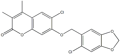 6-chloro-7-[(6-chloro-1,3-benzodioxol-5-yl)methoxy]-3,4-dimethylchromen-2-one Struktur