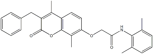 2-(3-benzyl-4,8-dimethyl-2-oxochromen-7-yl)oxy-N-(2,6-dimethylphenyl)acetamide Struktur