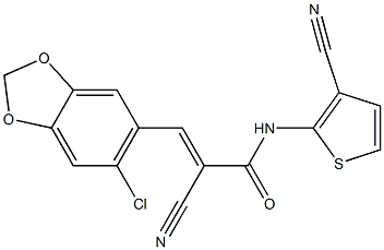 (E)-3-(6-chloro-1,3-benzodioxol-5-yl)-2-cyano-N-(3-cyanothiophen-2-yl)prop-2-enamide Struktur