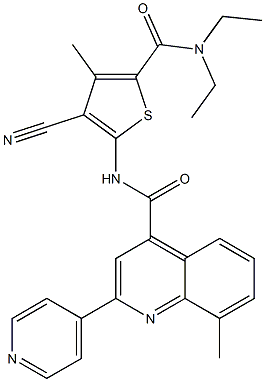 N-[3-cyano-5-(diethylcarbamoyl)-4-methylthiophen-2-yl]-8-methyl-2-pyridin-4-ylquinoline-4-carboxamide Struktur