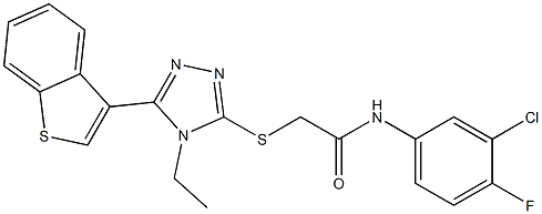 2-[[5-(1-benzothiophen-3-yl)-4-ethyl-1,2,4-triazol-3-yl]sulfanyl]-N-(3-chloro-4-fluorophenyl)acetamide Struktur