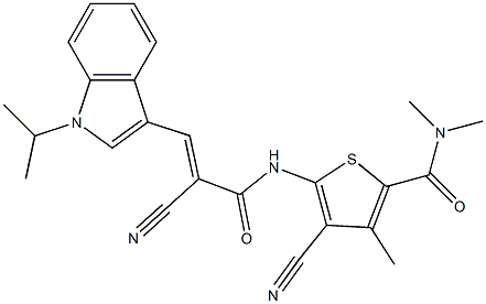 4-cyano-5-[[(E)-2-cyano-3-(1-propan-2-ylindol-3-yl)prop-2-enoyl]amino]-N,N,3-trimethylthiophene-2-carboxamide Struktur