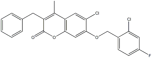 3-benzyl-6-chloro-7-[(2-chloro-4-fluorophenyl)methoxy]-4-methylchromen-2-one Struktur