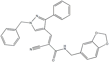 (E)-N-(1,3-benzodioxol-5-ylmethyl)-3-(1-benzyl-3-phenylpyrazol-4-yl)-2-cyanoprop-2-enamide Struktur