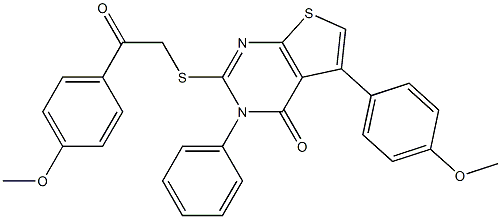 5-(4-methoxyphenyl)-2-[2-(4-methoxyphenyl)-2-oxoethyl]sulfanyl-3-phenylthieno[2,3-d]pyrimidin-4-one Struktur